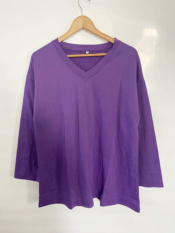 See-Through Solid Color Split-Joint Long Sleeves Loose V-neck T-shirts