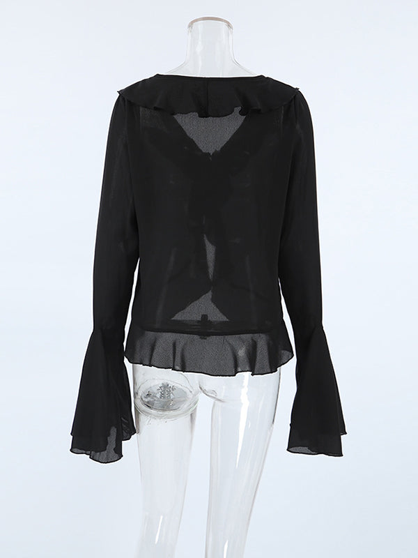 Ruffled See-Through Split-Joint Flared Sleeves Long Sleeves Lapel Blouses&Shirts Tops