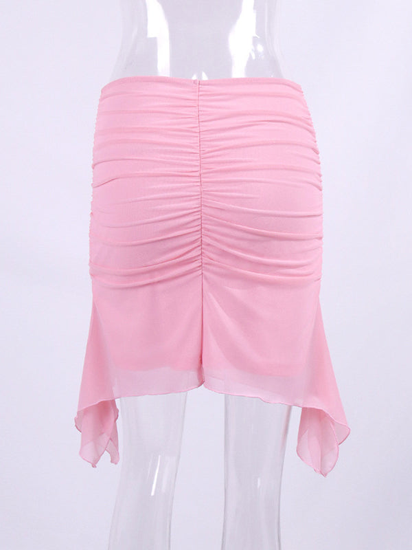 Mesh Pleated Solid Color Split-Joint Bodycon High Waisted Skirts Bottoms