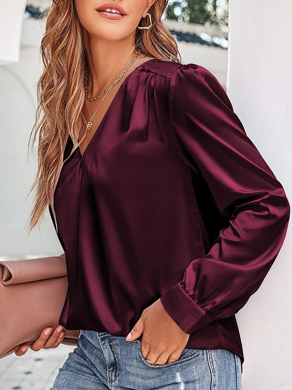 Loose Pleated Solid Color V-Neck Blouses&shirts Tops