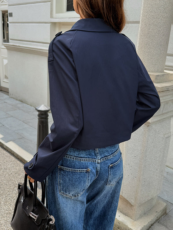 Buttoned Solid Color Split-Joint Long Sleeves Notched Collar Outerwear Jackets&Coats