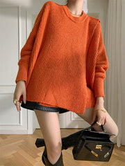 Irregularity Loose Solid Color Batwing Sleeves Round-Neck Sweater Tops