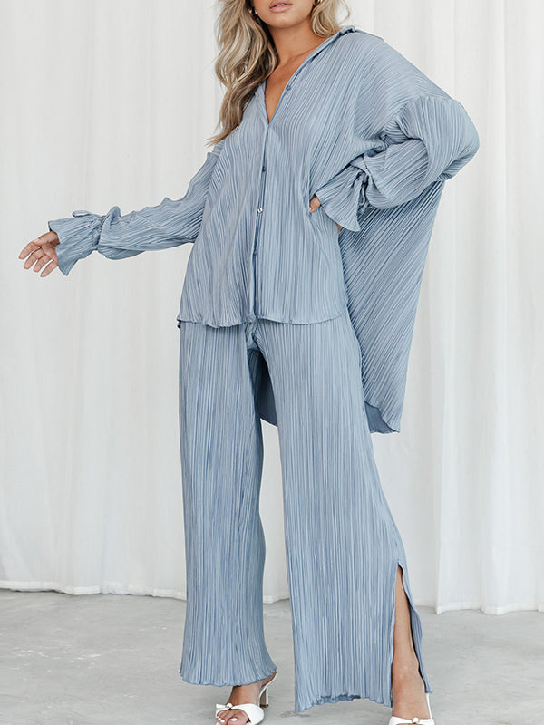Solid Color Flared Sleeves Long Sleeves Buttoned Drawstring Pleated Split-Side Lapel Shirts Top + Pants Bottom Pajama Sets