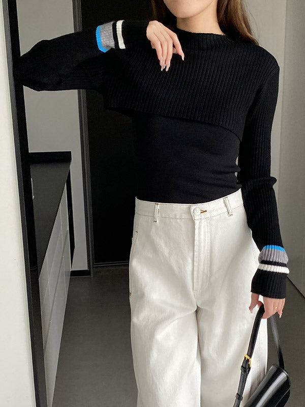 Contrast Color Long Sleeves Loose Round-Neck Two Pieces Set Cover-Ups Tops