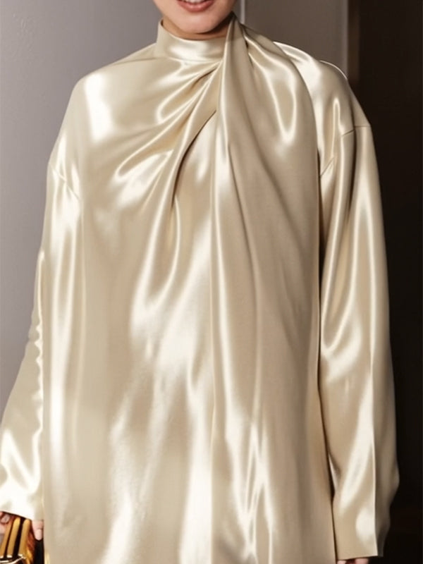 Shiny Solid Color Long Sleeves Loose High Neck Mini Dresses