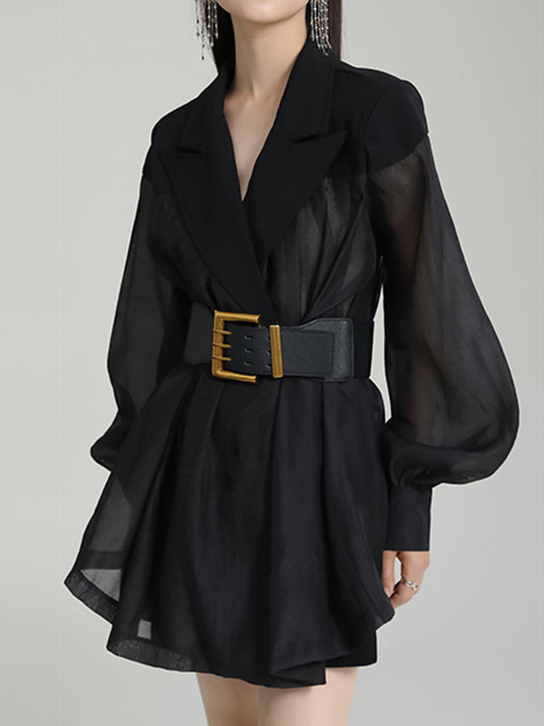 See-Through Split-Joint Tied Waist Loose Puff Sleeves Lapel Blouses&Shirts Tops