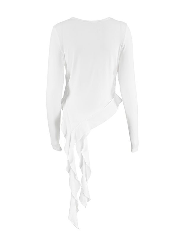 Pleated Solid Color Long Sleeves Skinny Round-Neck T-Shirts Tops