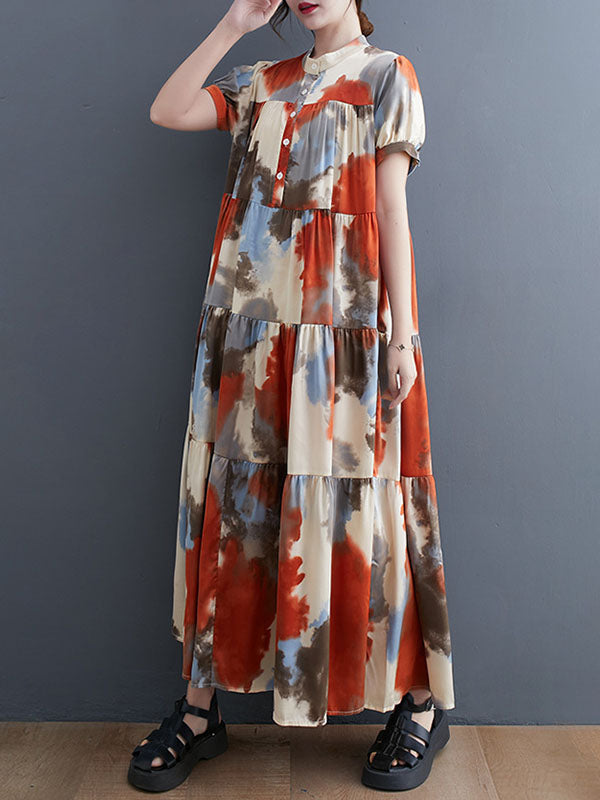 Printed Split-Joint Loose Short Sleeves Stand Collar Midi Dresses