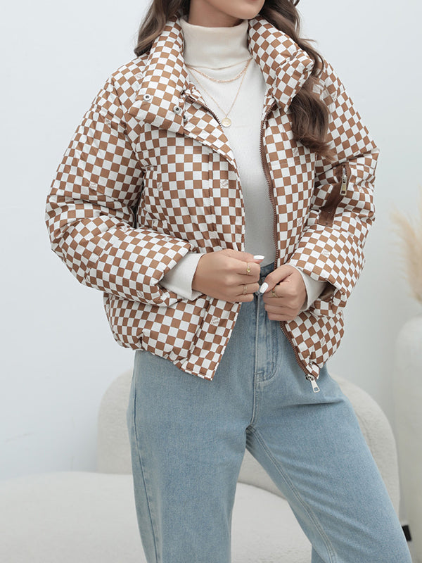 Keep Warm Plaid Quilted Zipper Long Sleeves Loose Stand Collar Padded Coat