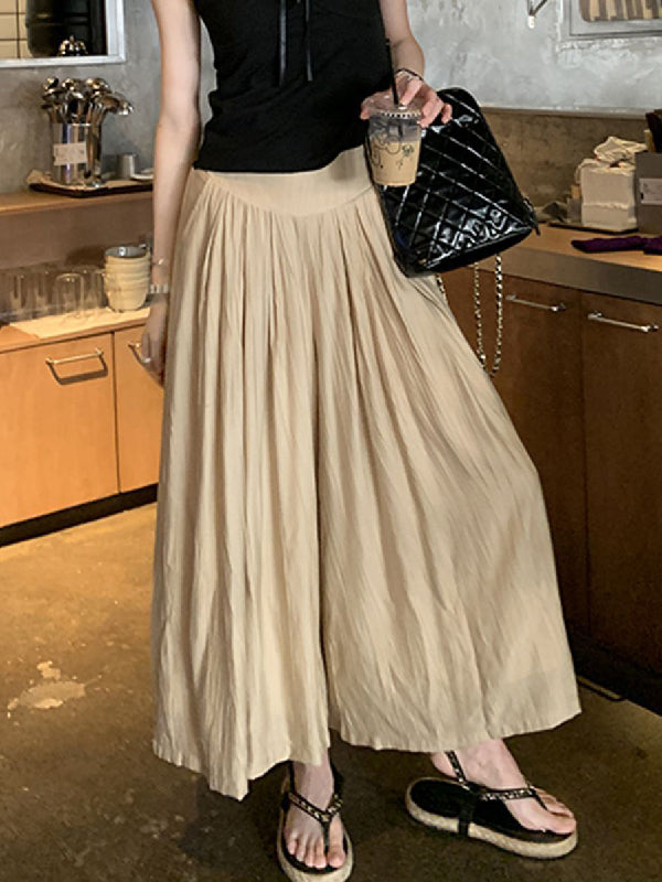 Pleated Solid Color Split-Joint High Waisted Wide Leg Pants
