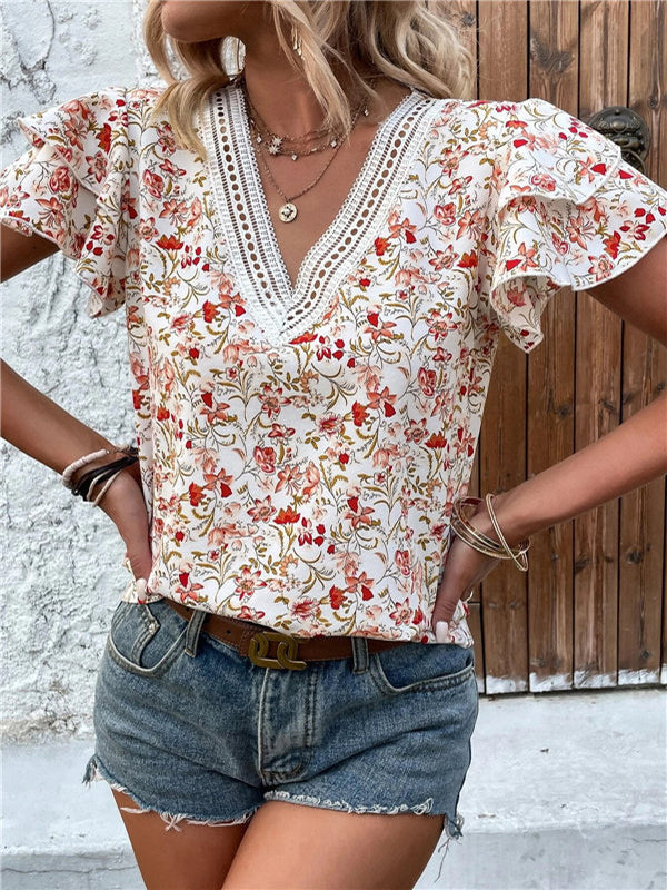Falbala Floral Printed Split-Joint Loose Petal Sleeves V-Neck T-Shirts Tops