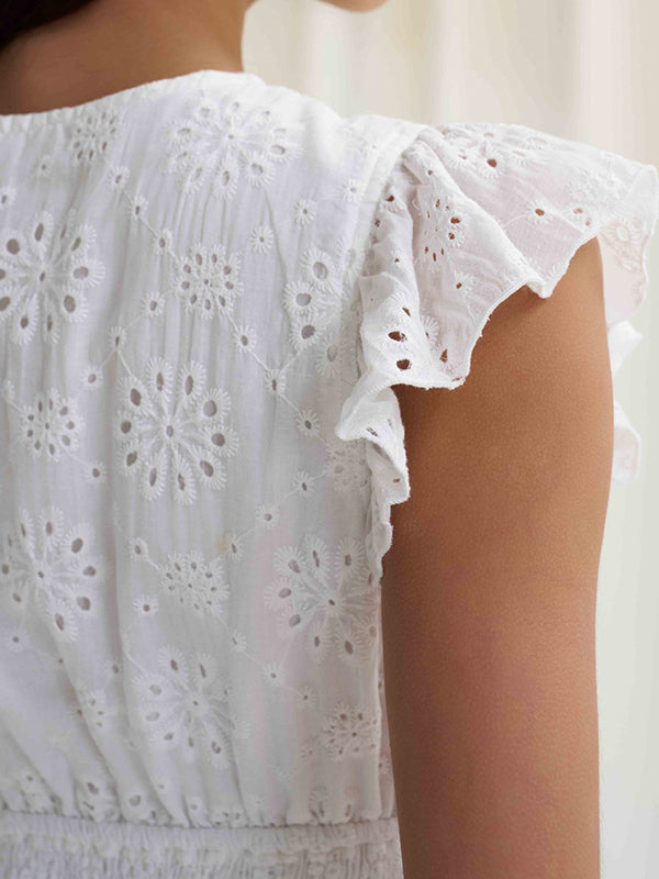 Elasticity Hollow Pleated Solid Color A-Line Loose V-Neck Mini Dresses