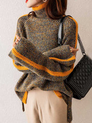 Casual Long Sleeves Loose Contrast Color Half Turtleneck Sweater Tops