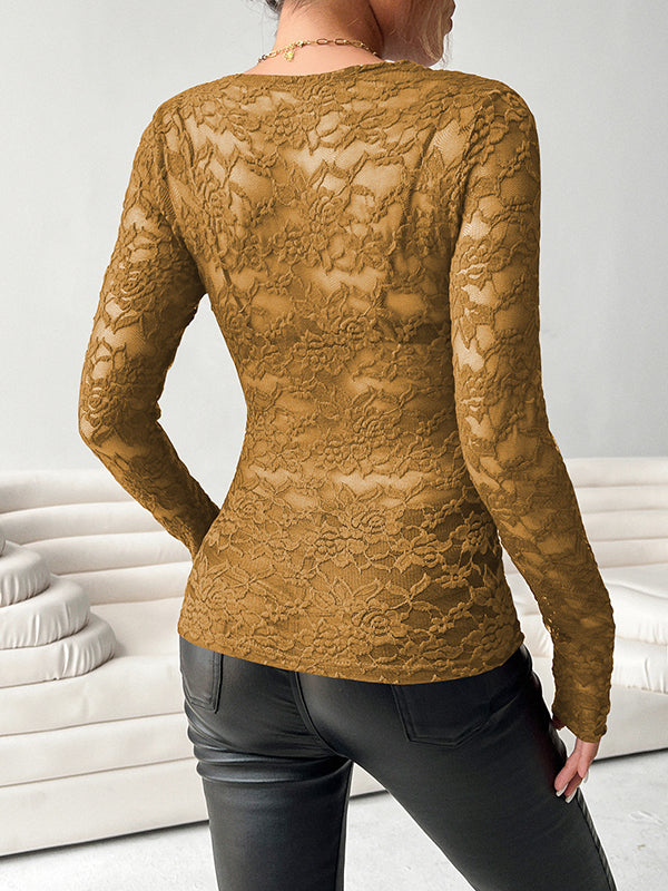 See-Through Solid Color Long Sleeves Skinny Deep V-Neck T-Shirts