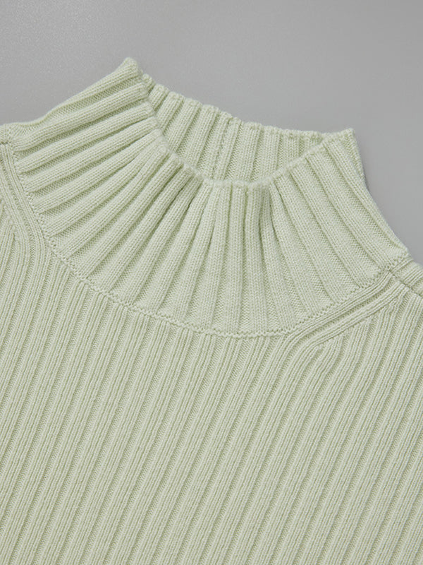 Solid Color Long Sleeves High-Neck Sweater Top + Wide Leg Pants Bottom Two Pieces Set