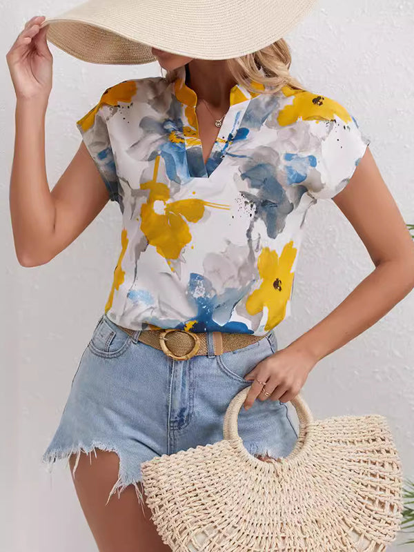 Comfort Contrast Color Flower Print Loose Short Sleeves V-Neck Blouses&Shirts Tops