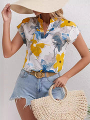 Comfort Contrast Color Flower Print Loose Short Sleeves V-Neck Blouses&Shirts Tops