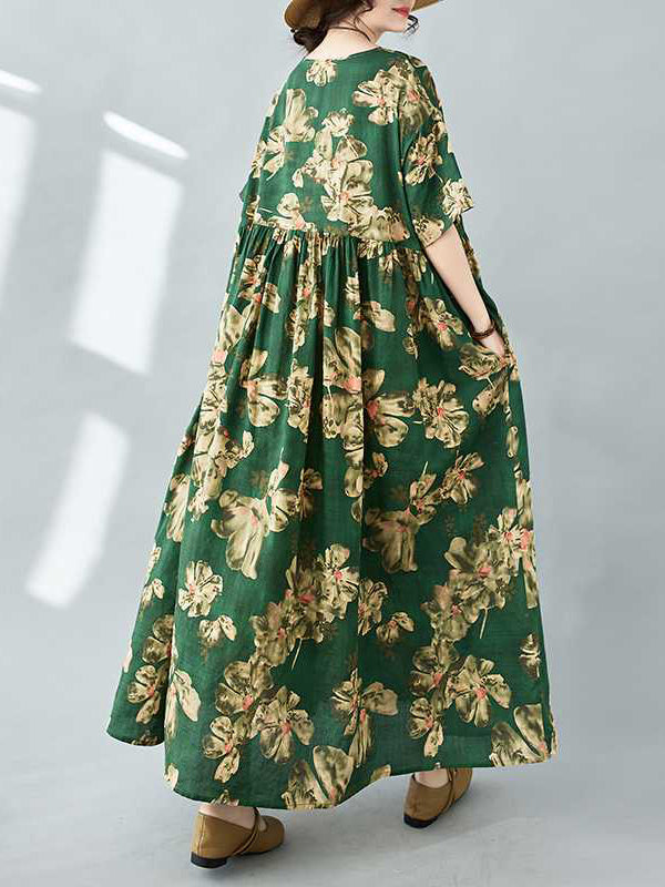 Flower Print Pleated Pockets Half Sleeves Loose Round-neck Midi Dresses