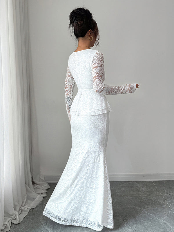 Flower Print Ruffled See-Through Solid Color Split-Joint Bodycon Long Sleeves Square-Neck Maxi Dresses