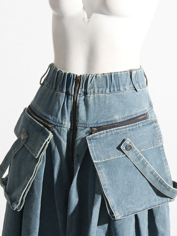 Pleated Pockets Split-Joint Zipper Loose Wide Leg Jean Pants Bottoms