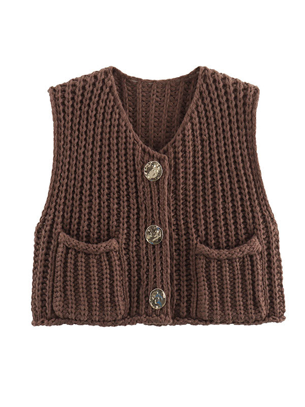 Buttoned Pockets Loose Sleeveless V-Neck Vest Outerwear