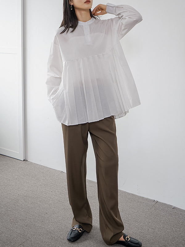 Buttoned Pleated Solid Color Long Sleeves Loose Round-Neck Blouses&Shirts Tops