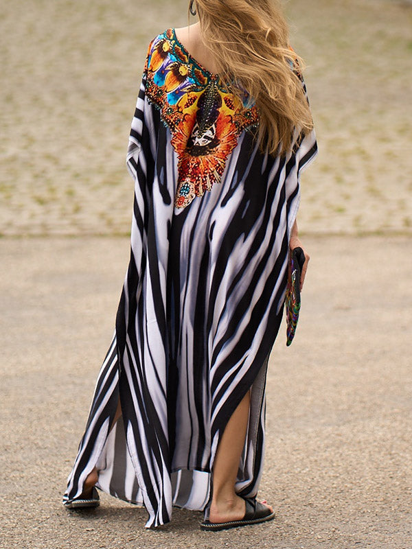 Printed Split-side Striped Batwing Sleeves Loose V-neck Maxi Dresses Beach Cover-Up