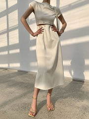 Detachable Hollow Split-Joint A-Line High Waisted Mock Neck Midi Dresses