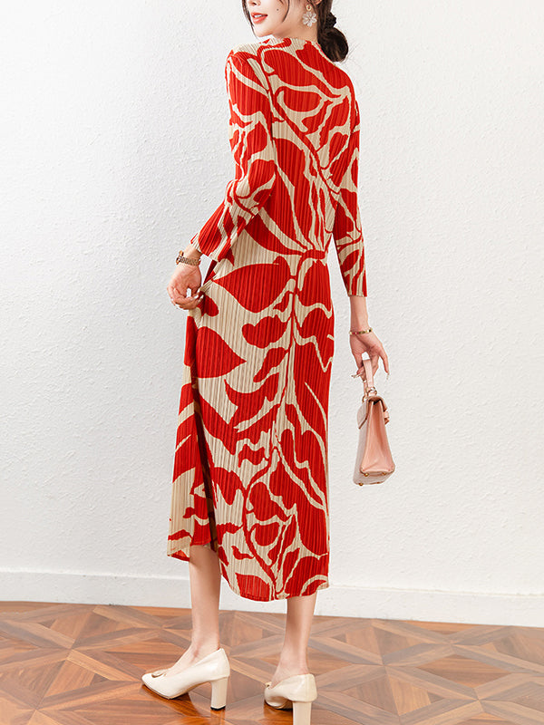 Floral Printed Pleated Long Sleeves Midi Dress