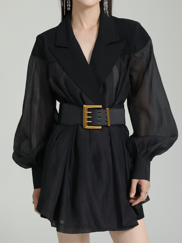 Belted See-Through Puff Sleeves Loose Lapel Blouses&shirts Tops