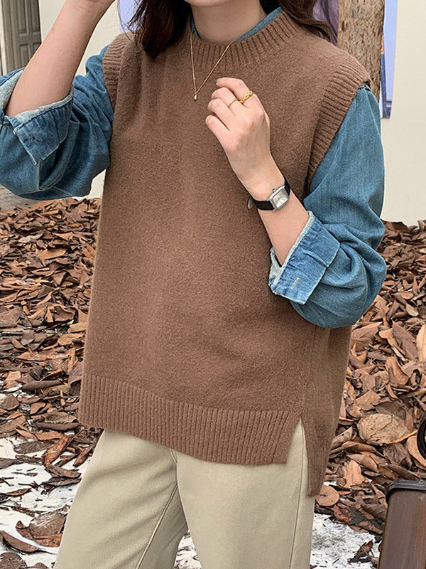Solid Color Split-Joint Split-side High-low Loose Round-neck Vest Top Knitwear