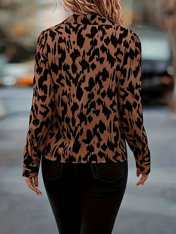 Buttoned Contrast Color Printed Long Sleeves Loose Lapel Blouses&Shirts Tops