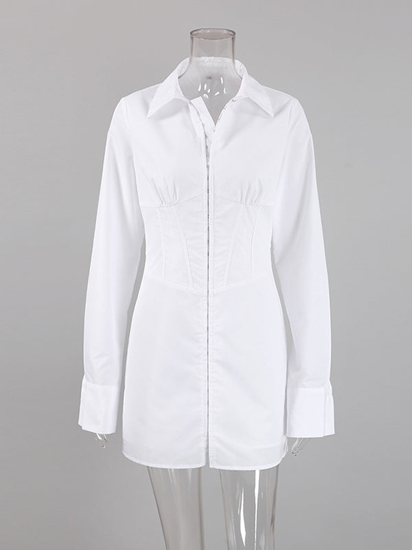 Buckle Solid Color Split-Front High Waisted Long Sleeves Lapel Mini Dresses