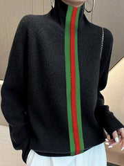 Split-Joint Striped Long Sleeves Loose High Neck Sweater Tops