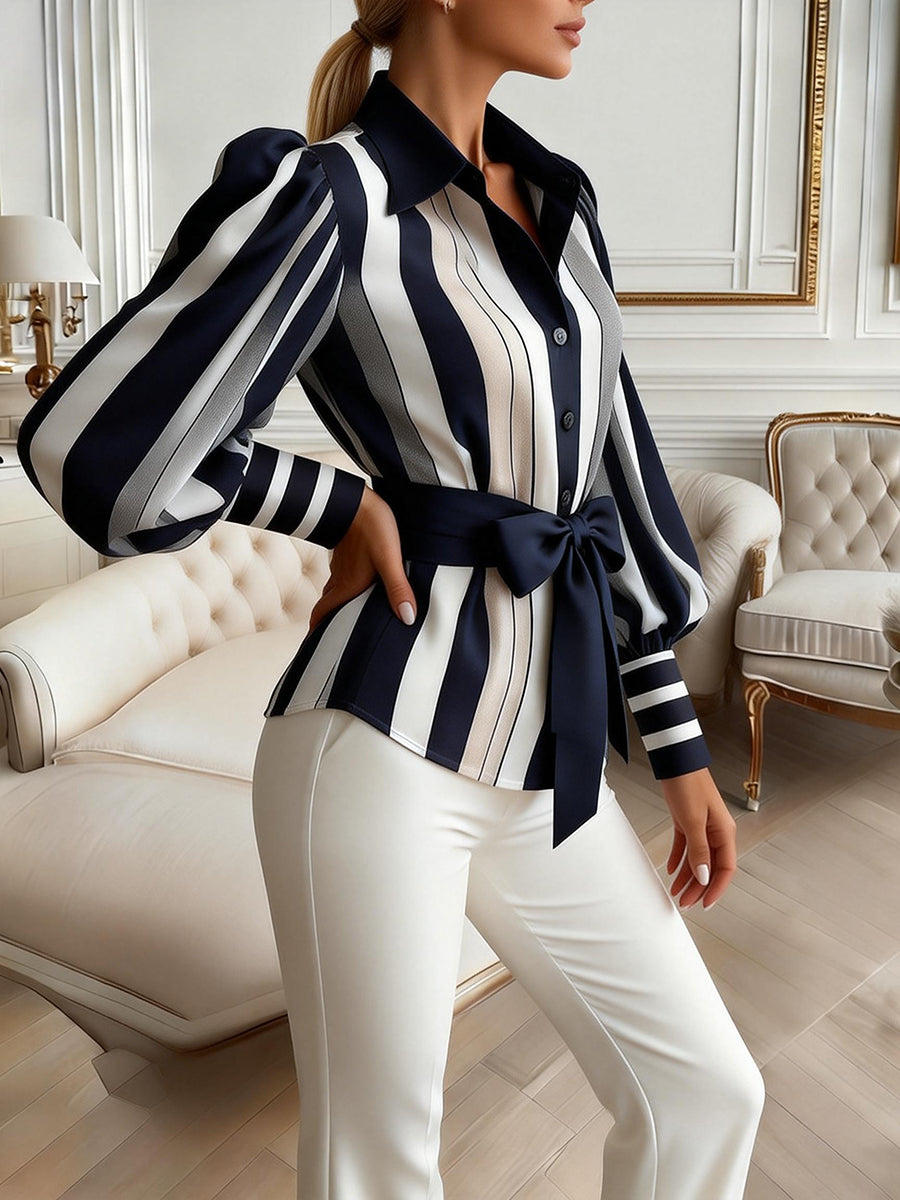 Elasticated Waist High Waisted Belted Bow-Embellished Buttoned Contrast Color Split-Joint Striped Lapel Blouses&Shirts Tops