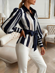 Elasticated Waist High Waisted Belted Bow-Embellished Buttoned Contrast Color Split-Joint Striped Lapel Blouses&Shirts Tops