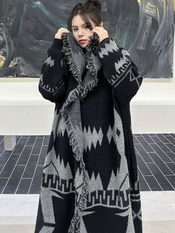 Contrast Color Geometric Split-Joint Tasseled Long Sleeves Loose Lapel Overcoat Outerwear
