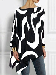 Casual Loose Three-Quarter Sleeves Printed Asymmetric T-Shirts Tops