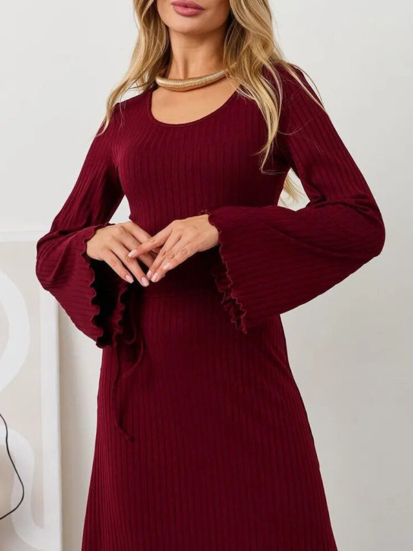Pleated Ruffled Solid Color Split-Joint Long Sleeves Round-neck Maxi Dresses