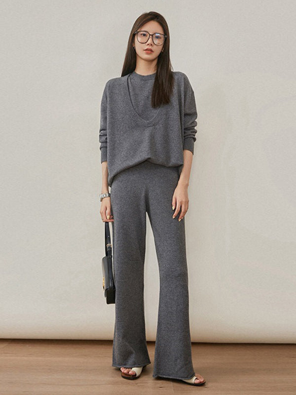 Urban Loose Solid Round-Neck Vest Top& V-Neck Sweater Tops& Wide Leg Pants Three-Piece Set