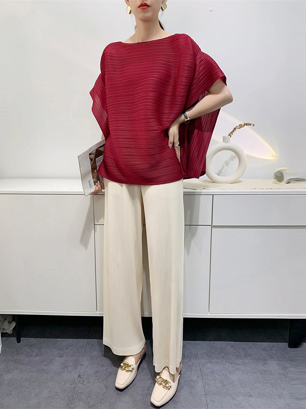 Pleated Solid Color Batwing Sleeves Loose Round-Neck T-Shirts Tops