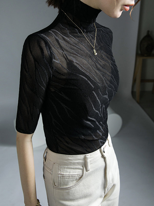 See-Through Half Sleeves Plus Size High Neck T-Shirts Tops