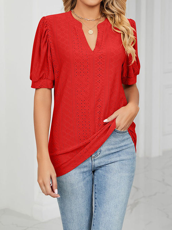 Hollow Solid Color Bishop Sleeve Loose V-neck T-Shirts Tops