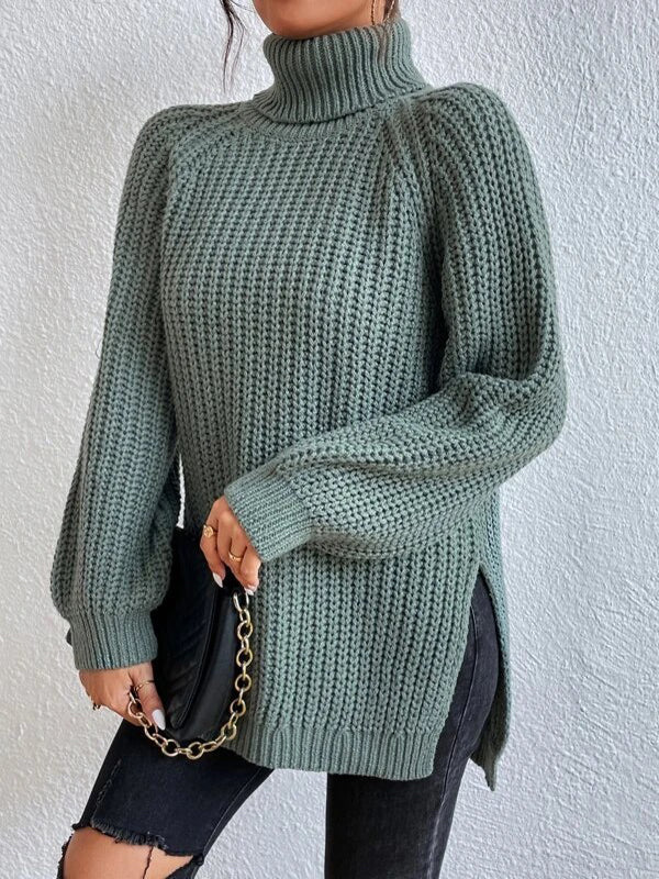Solid Color Split-side Long Sleeves Loose High Neck Sweater Tops Pullovers