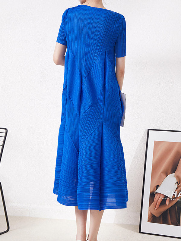 Pleated Solid Color High Waisted Loose Round-Neck Midi Dresses