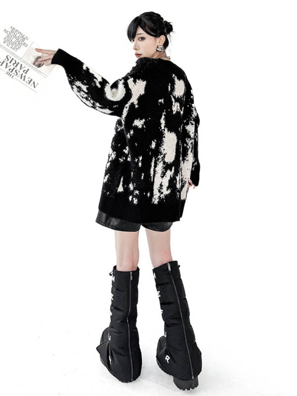 Abstract Printed Contrast Color Ribs Split-Joint Long Sleeves Loose V-Neck Sweater Tops