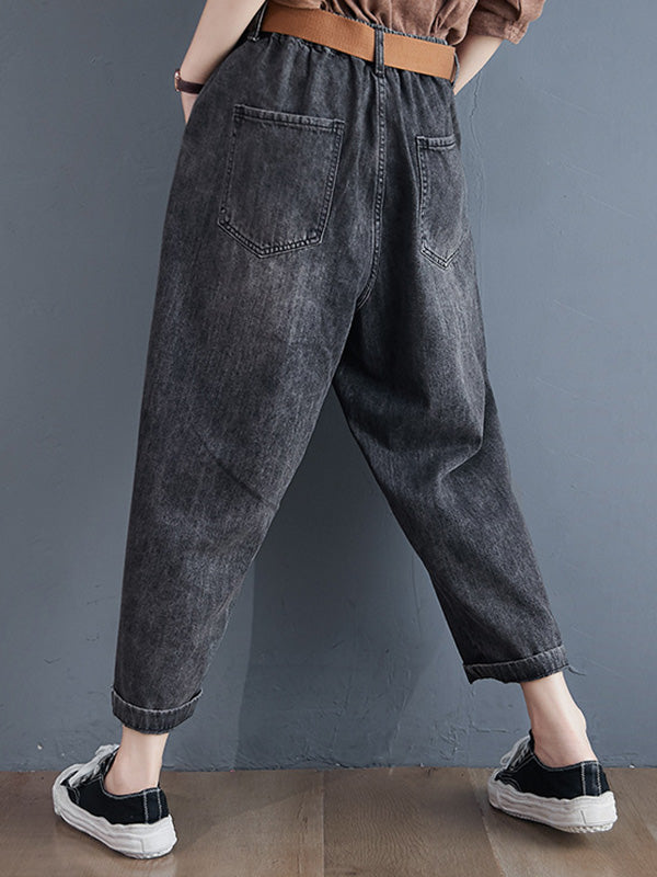 Artistic Retro Loose Velvet Elasticity Belted Jean Pants