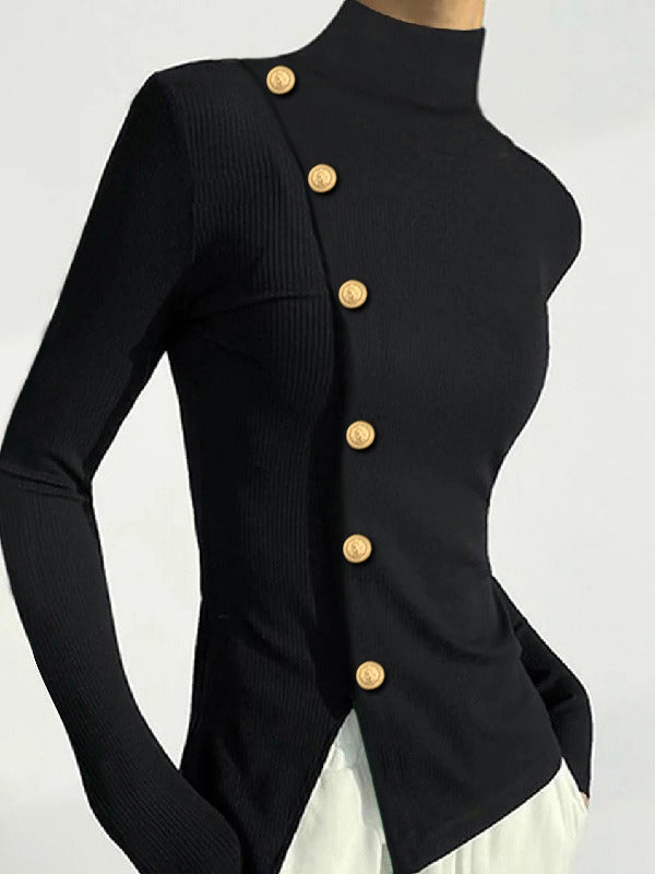 Buttoned Solid Color Long Sleeves Skinny High Neck T-Shirts Tops
