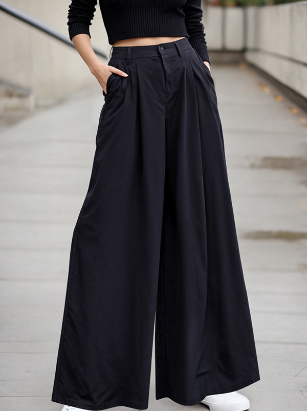 Buttoned Pleated Pockets Solid Color Loose Wide Leg Suit Pants