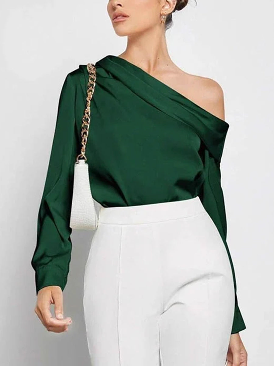 Pleated Solid Color Split-Joint Long Sleeves Skinny One-Shoulder Blouses&Shirts Tops